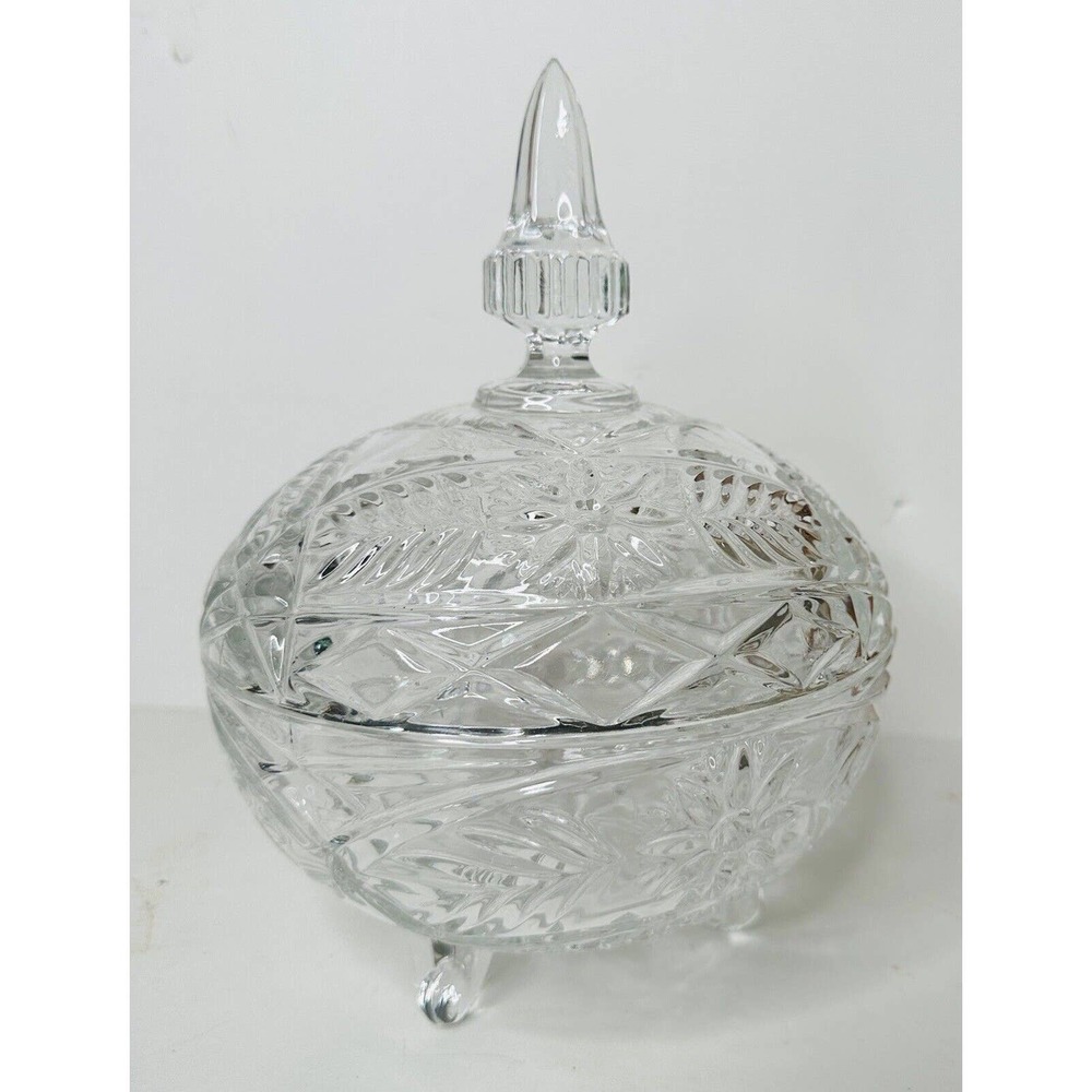 Vtg Footed Clear Crystal Glass 10" Pedestal Candy Bowl Dish with Steeple Lid